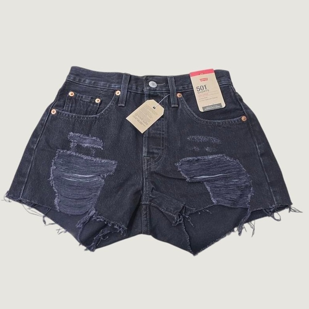Levis 501 Original High Rise Distressed Denim Shorts Black Size 25